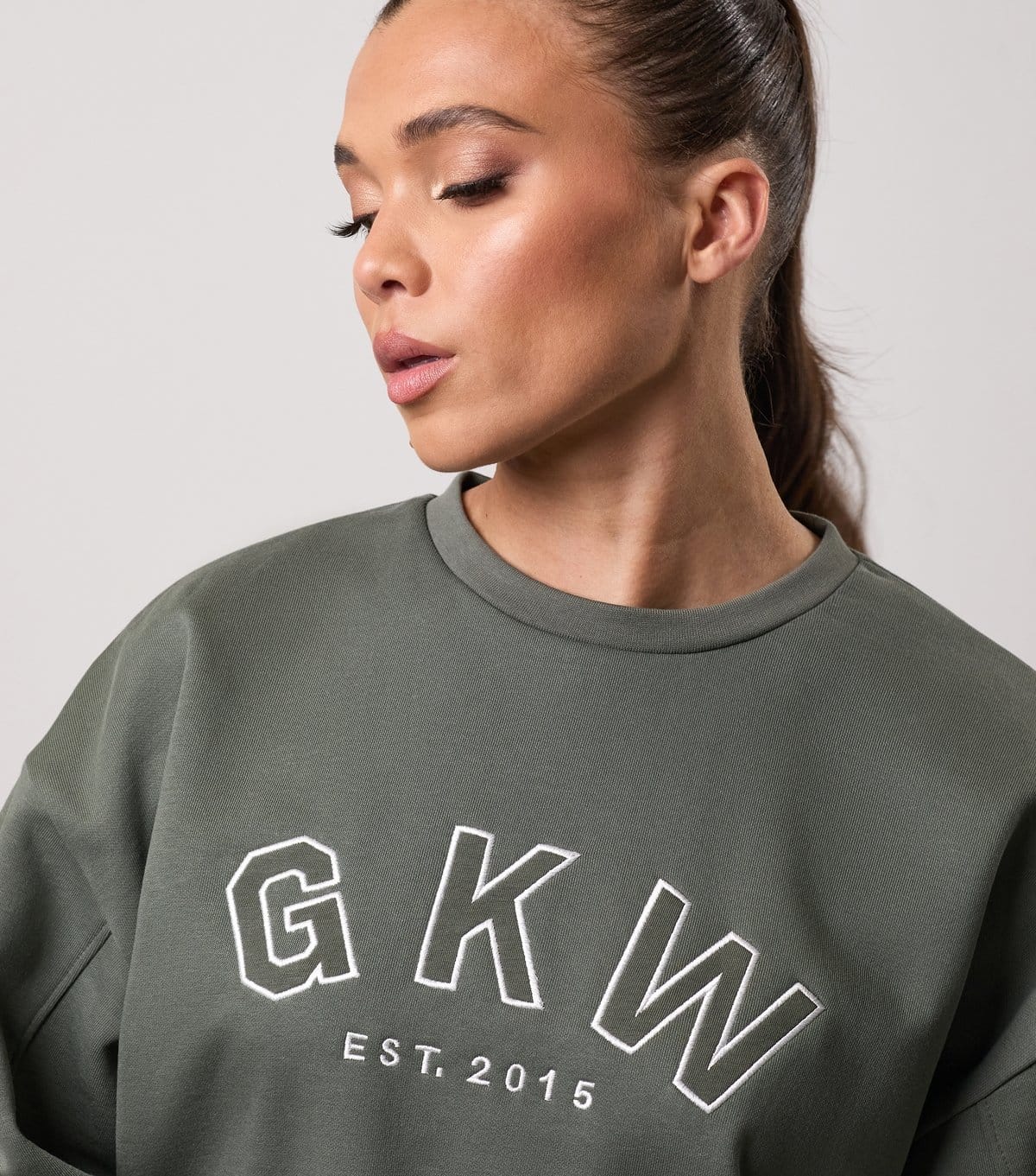 Gym King Women's Light Khaki Logo Embroidered Oversized Crew Neck Sweatshirt Gym King New Look - 4