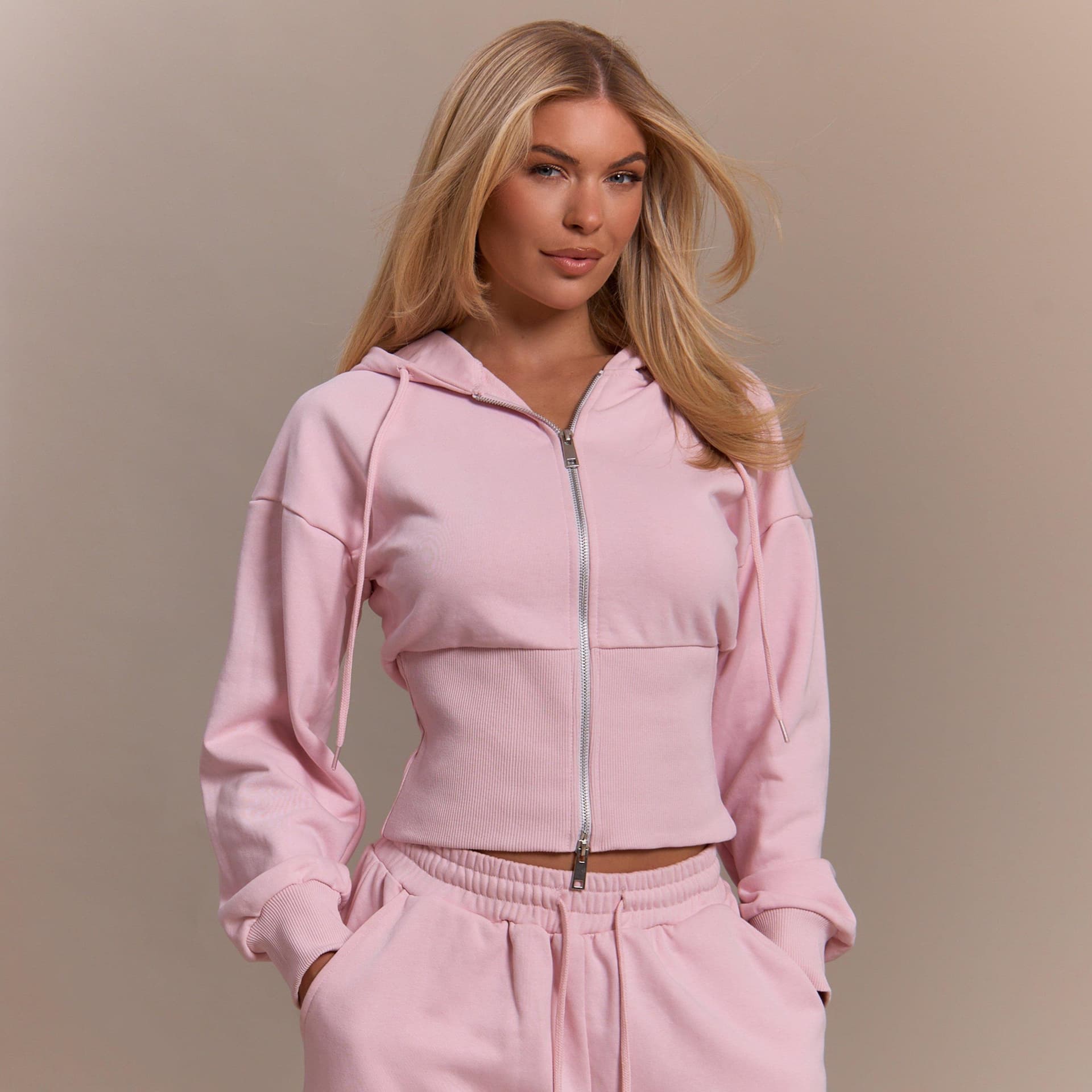 EGO Long Sleeve Double Zip Cinched Waist Hoodie In Pink, Women's Size UK 6