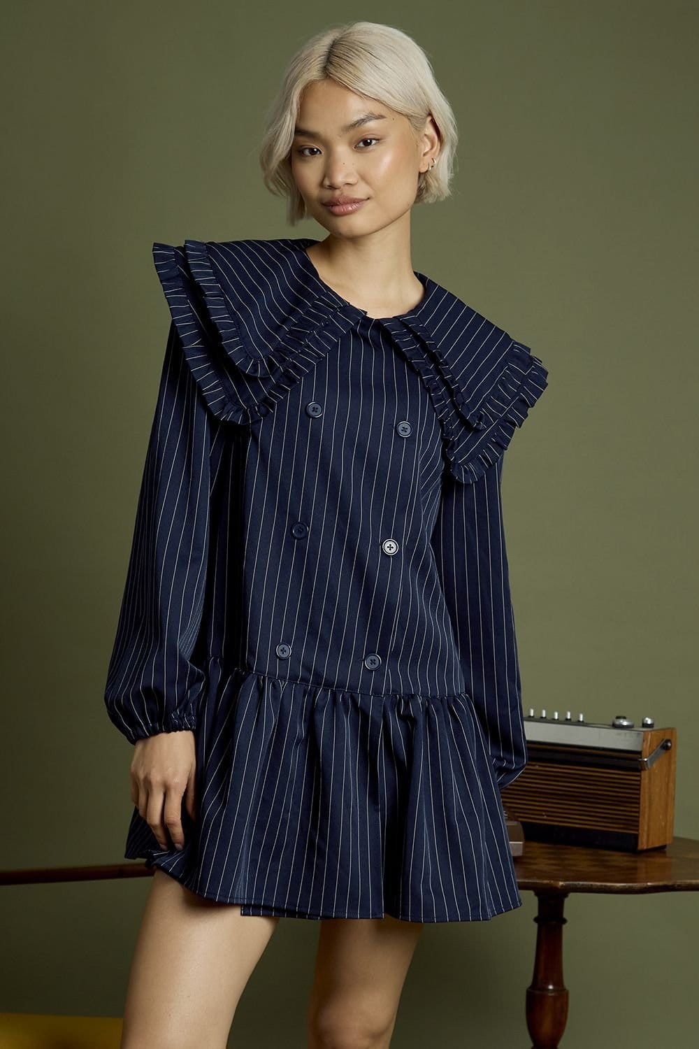 Neon Rose Navy Pinstripe Double Collar Mini Smock Dress