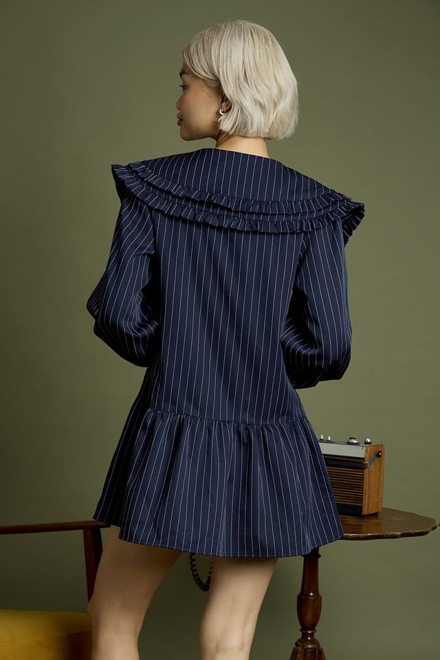 Neon Rose Neon Rose Women's Cotton Pinstripe Double Collar Mini Smock Dress in Navy - 2