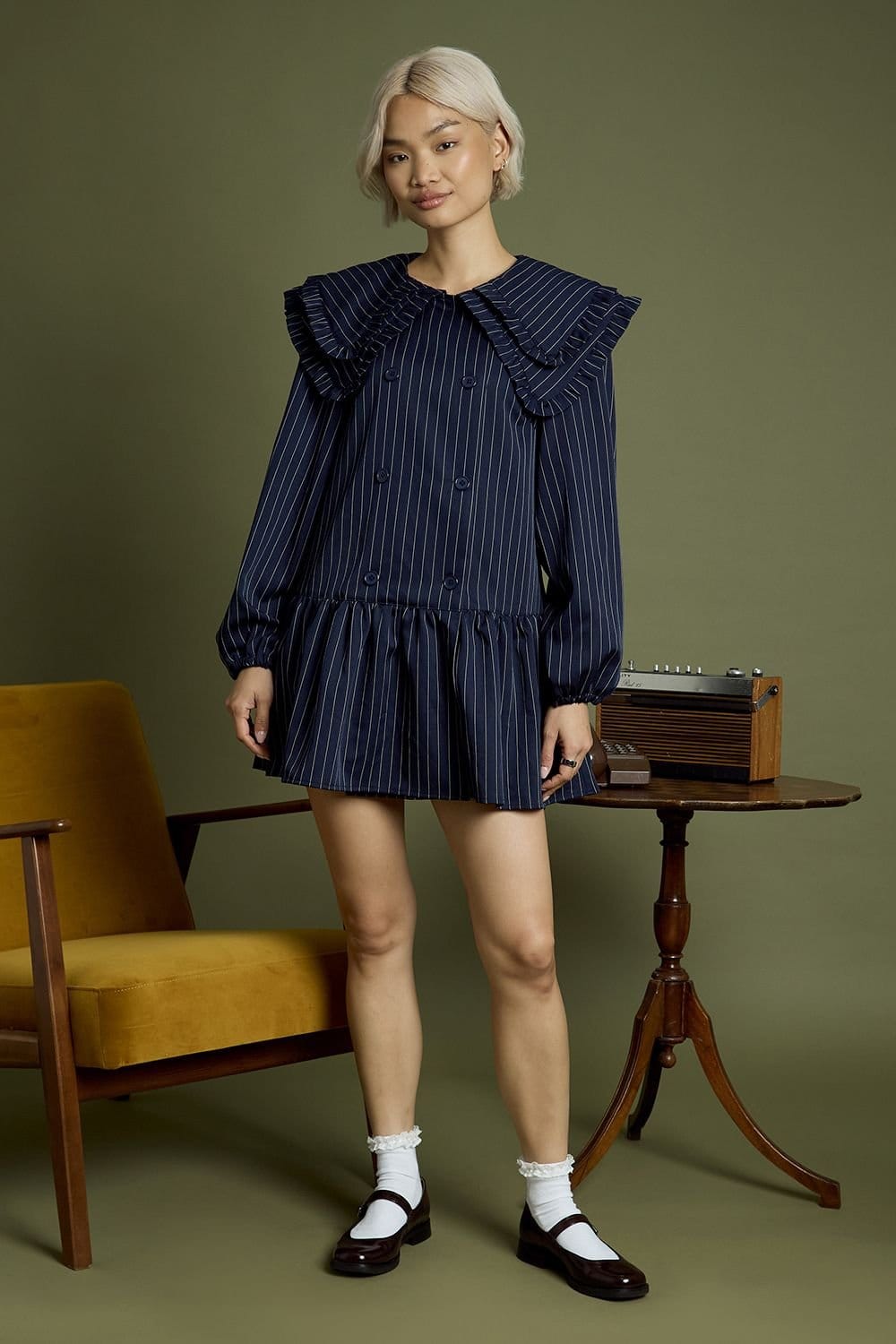 Neon Rose Neon Rose Women's Cotton Pinstripe Double Collar Mini Smock Dress in Navy - 4