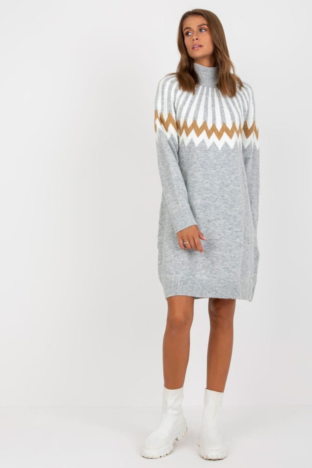 Love Lace Love Lace Women's Geometric Knit Turtleneck Long Sleeve Dress Style 170361 in Grey
