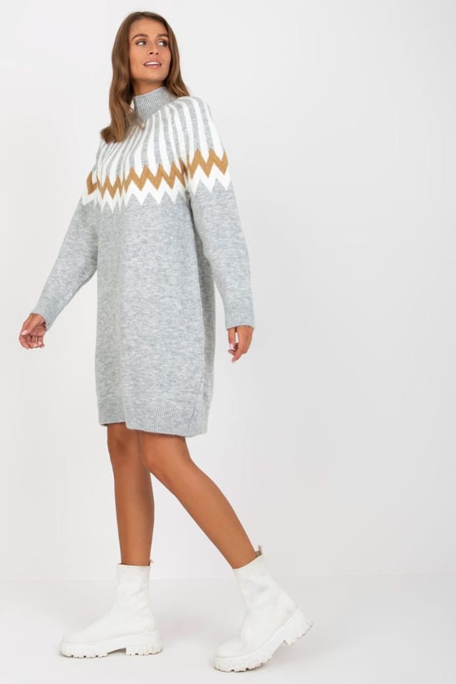 Love Lace Love Lace Women's Geometric Knit Turtleneck Long Sleeve Dress Style 170361 in Grey - 2