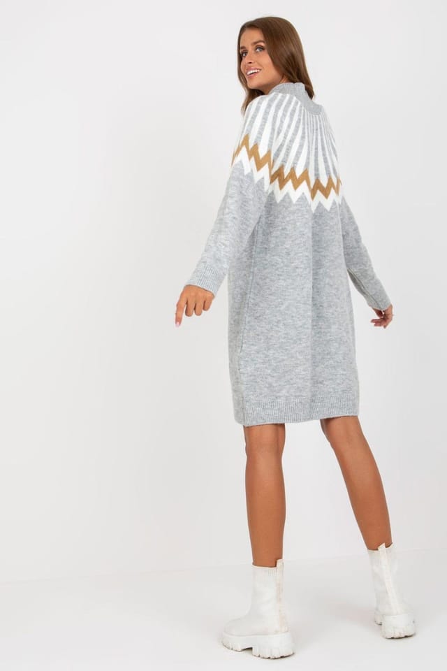 Love Lace Love Lace Women's Geometric Knit Turtleneck Long Sleeve Dress Style 170361 in Grey - 3
