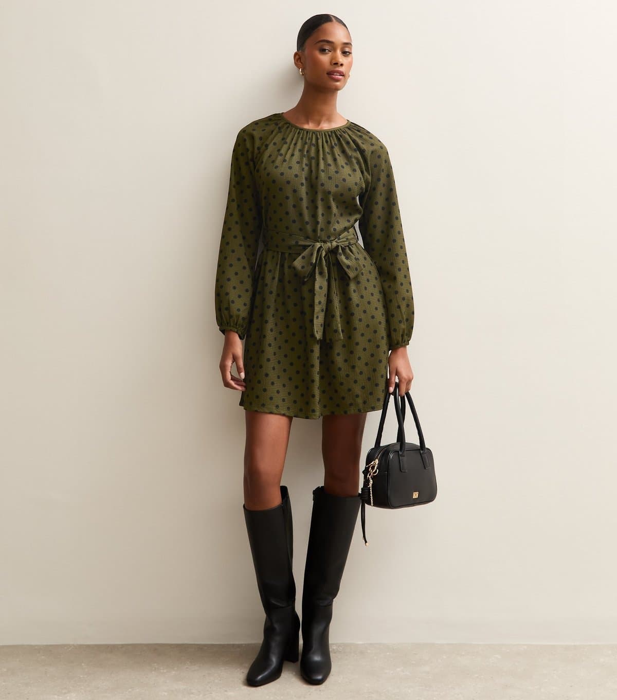 New Look Women's Green Polka Dot Print Belted Mini Dress New Look
