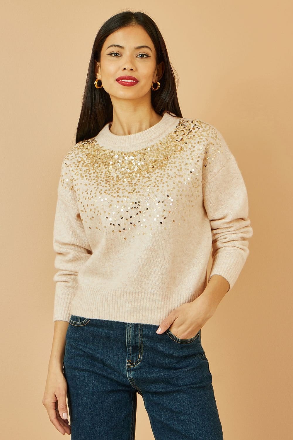 Yumi Yumi Women's Oatmeal Relaxed Knitted Jumper With Scattered Sequin Neckline in Cream - 1