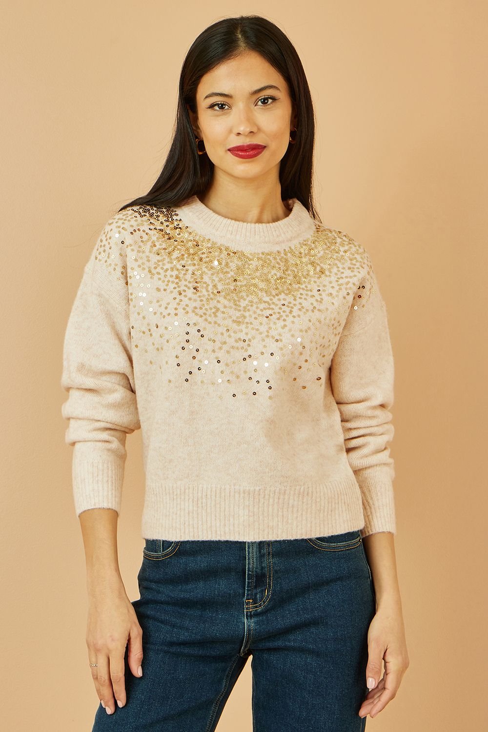Yumi Yumi Women's Oatmeal Relaxed Knitted Jumper With Scattered Sequin Neckline in Cream - 2