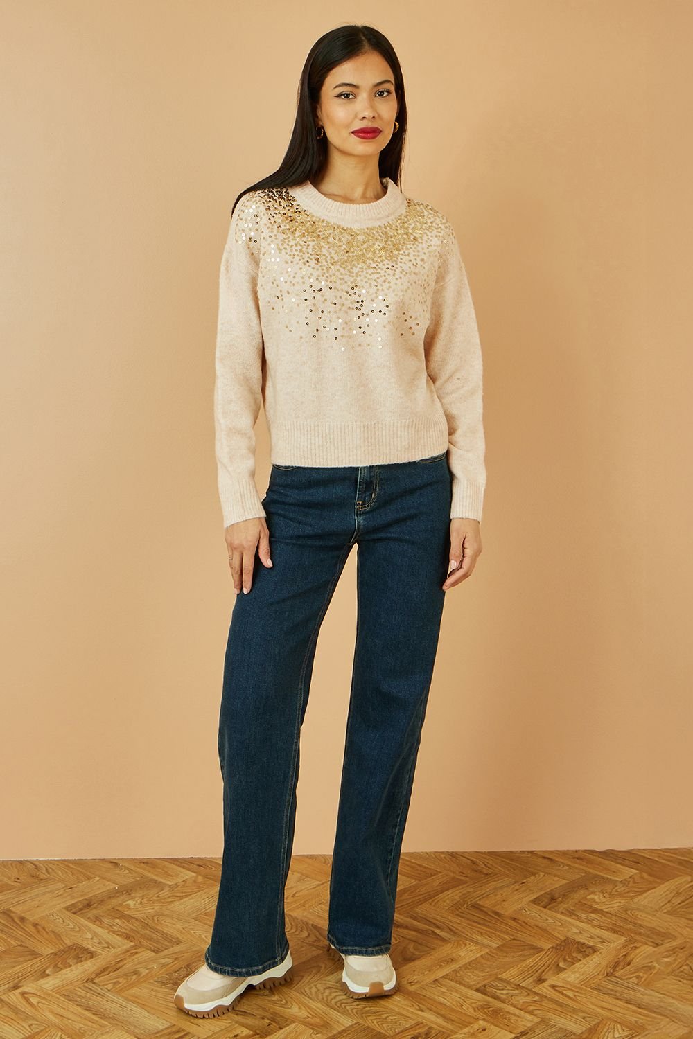 Yumi Yumi Women's Oatmeal Relaxed Knitted Jumper With Scattered Sequin Neckline in Cream - 3