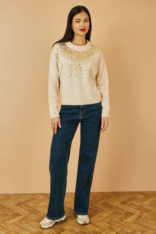 Yumi Yumi Women's Oatmeal Relaxed Knitted Jumper With Scattered Sequin Neckline in Cream - 3