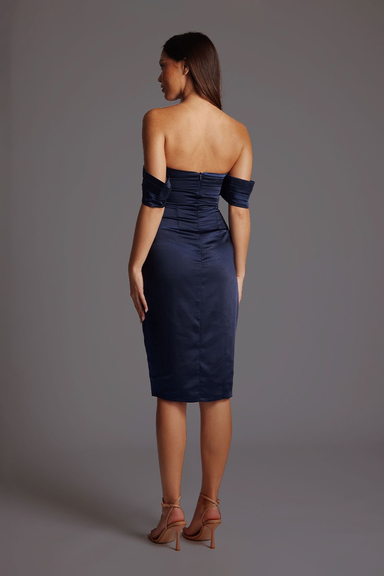 Vesper Vesper Women's Off-Shoulder Satin Midi Dress in Navy - 3