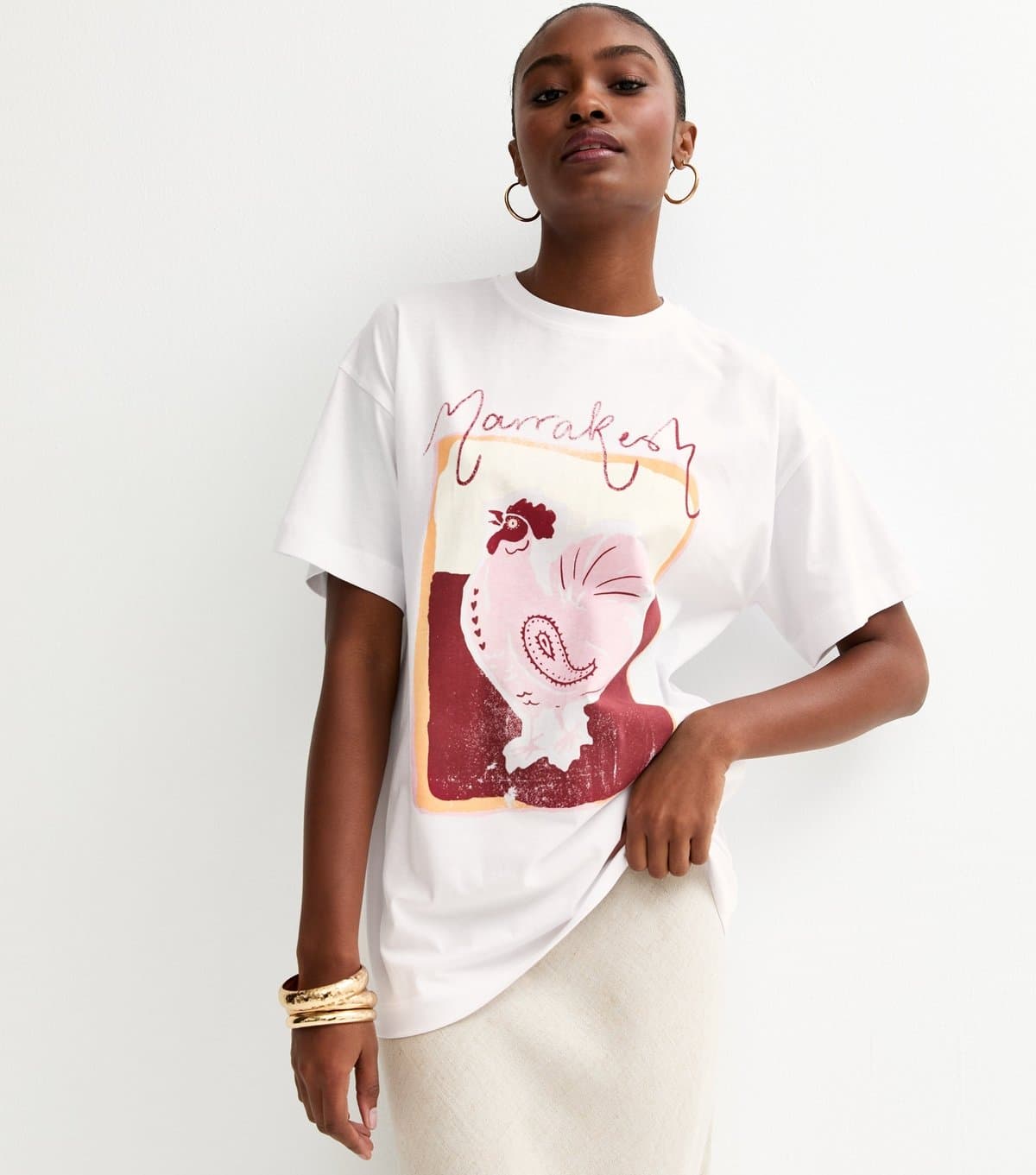 New Look Women's White Rooster Print Oversized Tee New Look