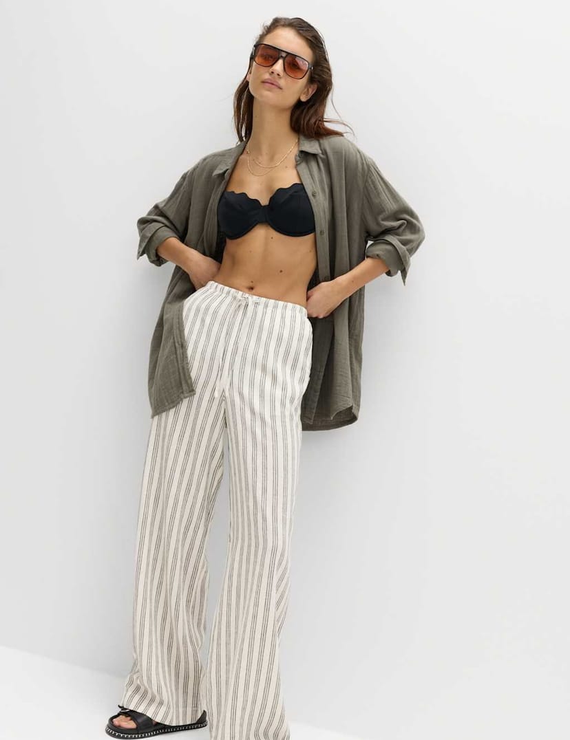 Marks & Spencer M&S Linen Rich Drawstring Wide Leg Trousers Black Stripe - 1