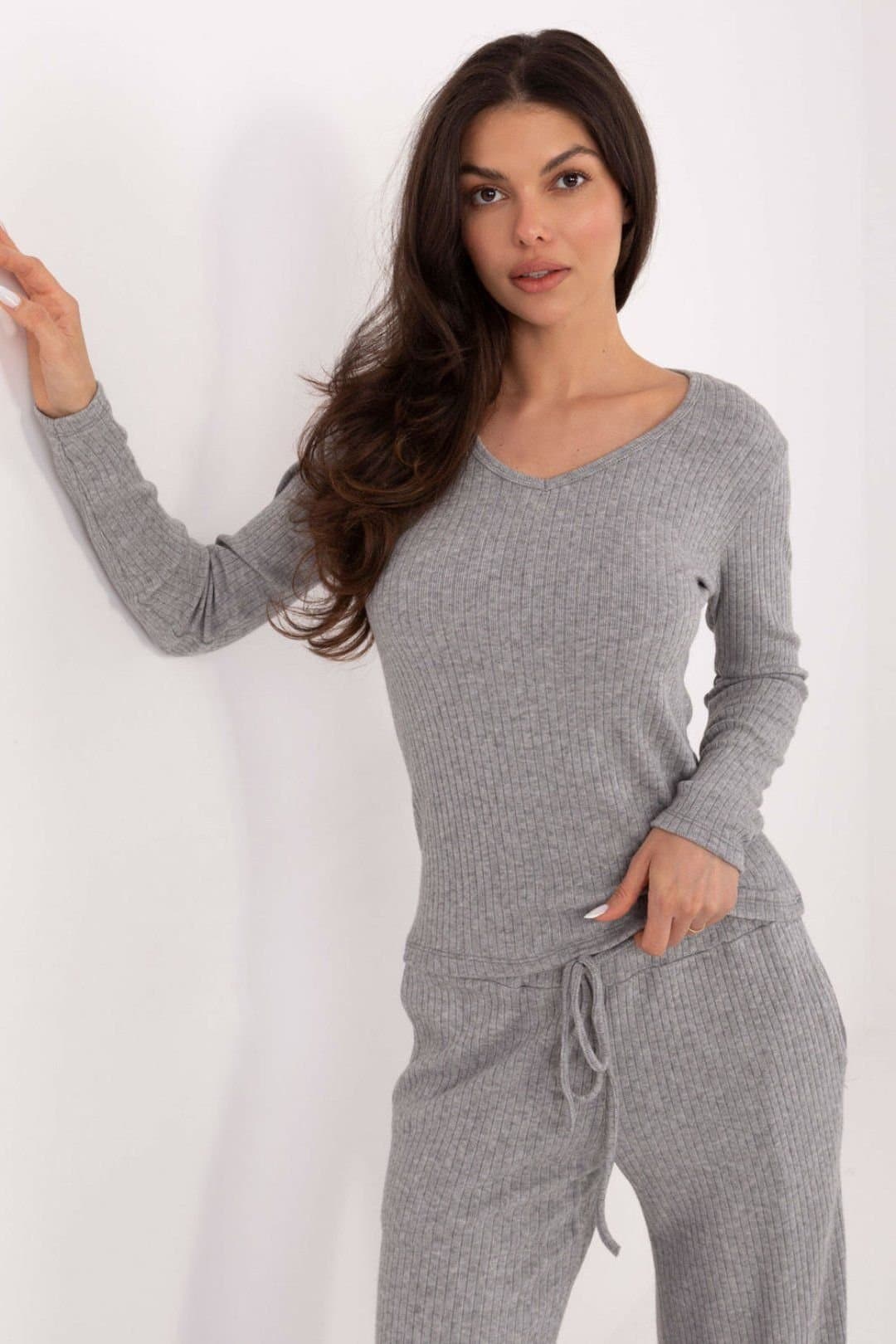Love Lace Love Lace Grey Ribbed V Neck Casual Sweater