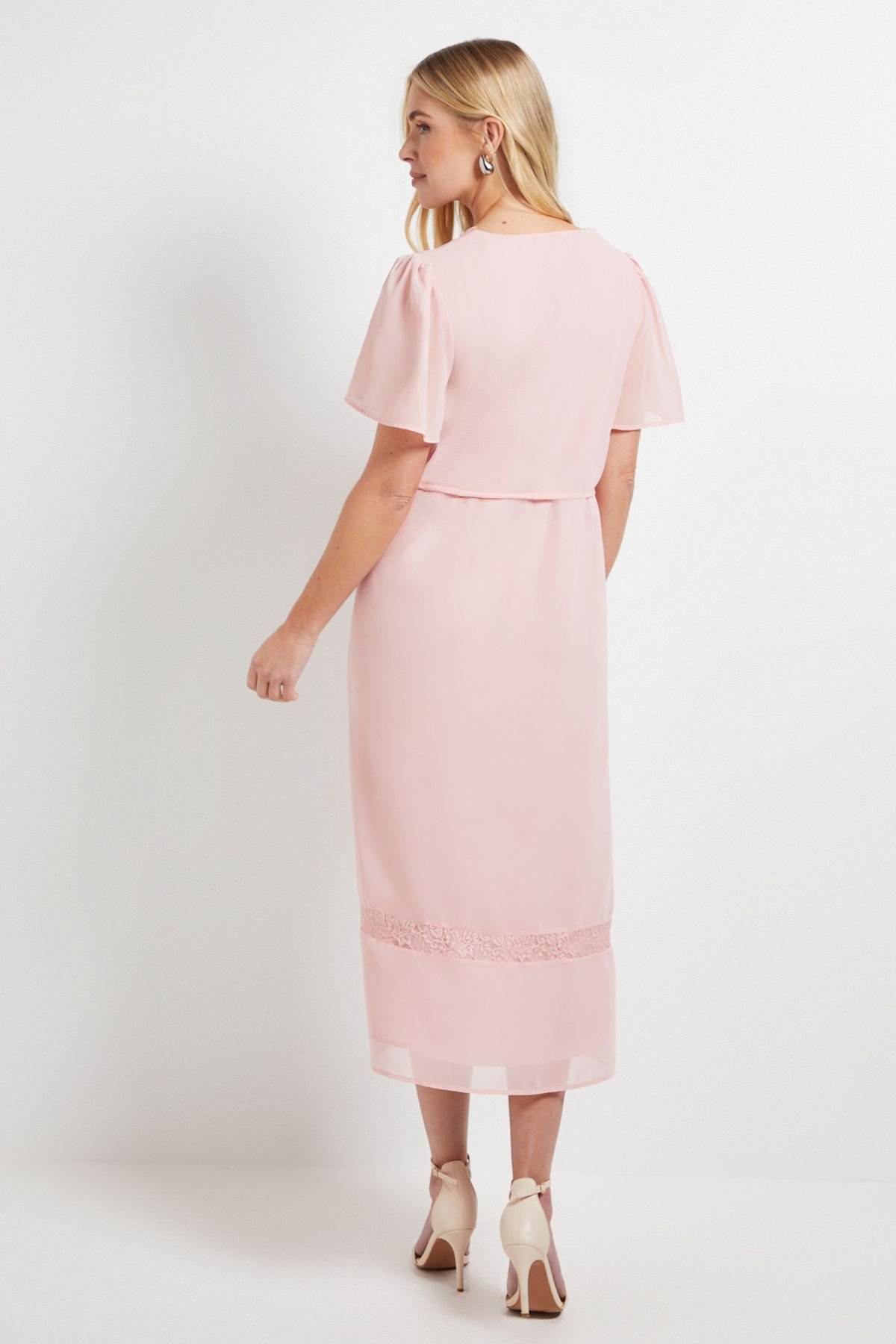 Wallis Wallis Women's Petite Chiffon Lace Insert Midi Dress in Blush - 3