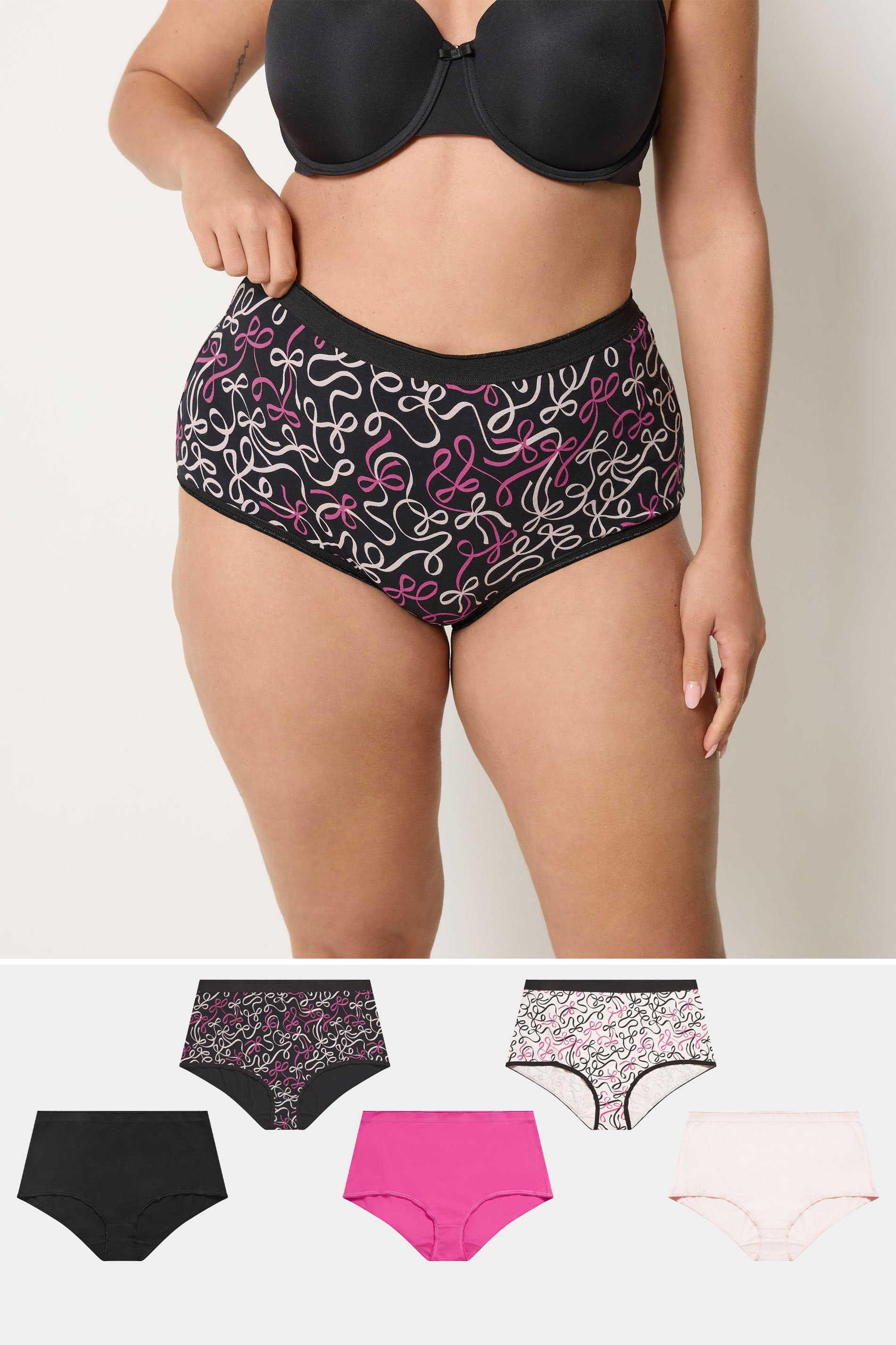 Yours Plus Size 5 Pack Black Bow Print Full Briefs