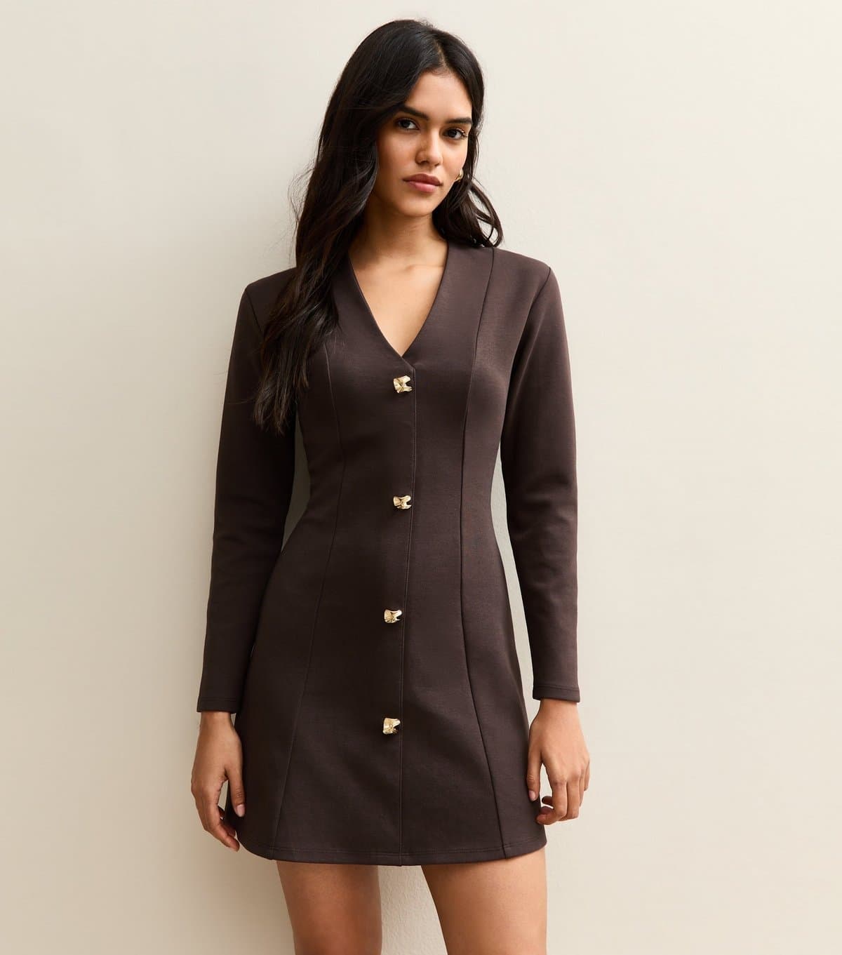 New Look Women's Brown Buttoned Ponte Mini Dress New Look