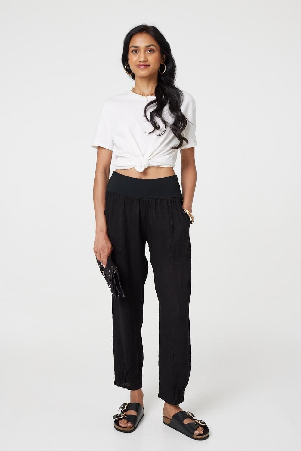 Izabel London Izabel London Women's Relaxed Linen Tapered Trousers in Black