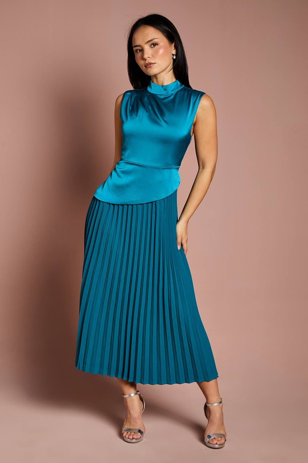 Coast Coast Women's Petite Drape High Neck Pleated Skirt Midi Dress in Teal - 2