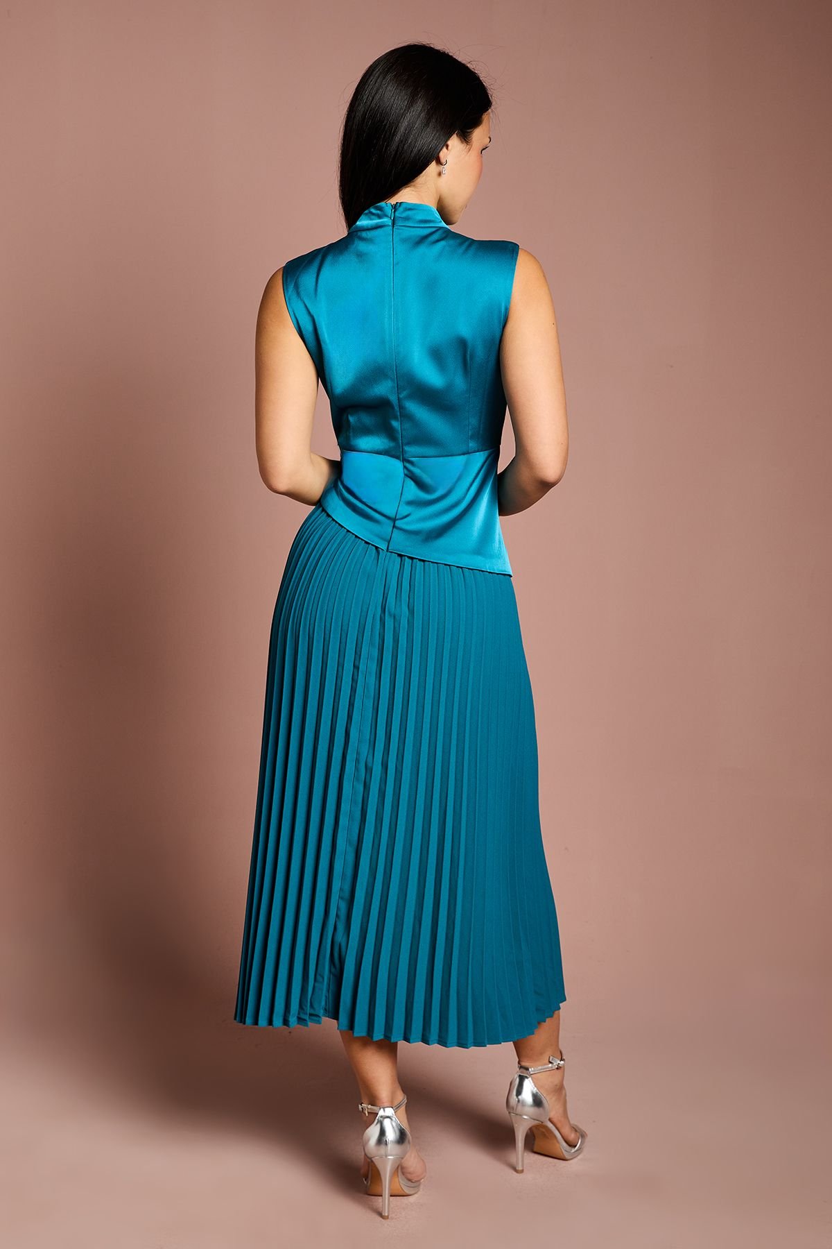 Coast Coast Women's Petite Drape High Neck Pleated Skirt Midi Dress in Teal - 3