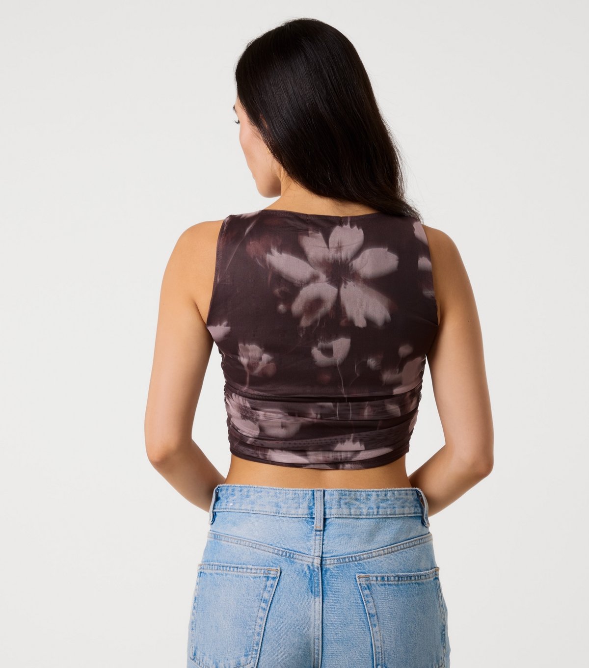 Pink Vanilla Women's Brown Floral Print Ruched Mesh Crop Top Pink Vanilla New Look - 4