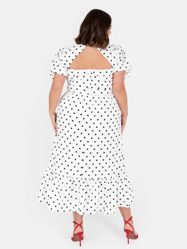 Lovedrobe Lovedrobe Women's Polka Dot Short Sleeve Open Back Midi Dress in White - 3