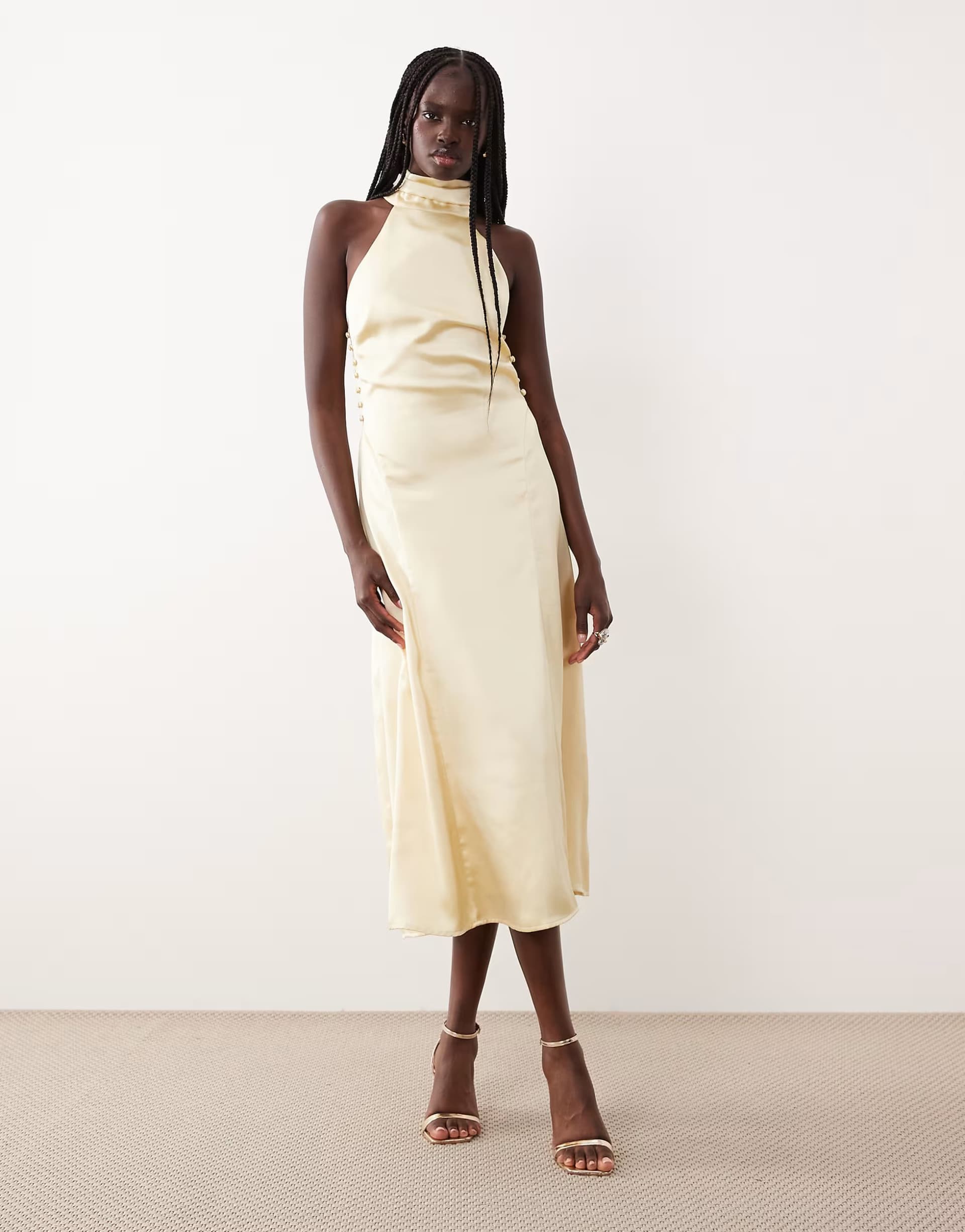 ASOS Pretty Lavish satin high neck cut out back midaxi dress in lemon butter yellow