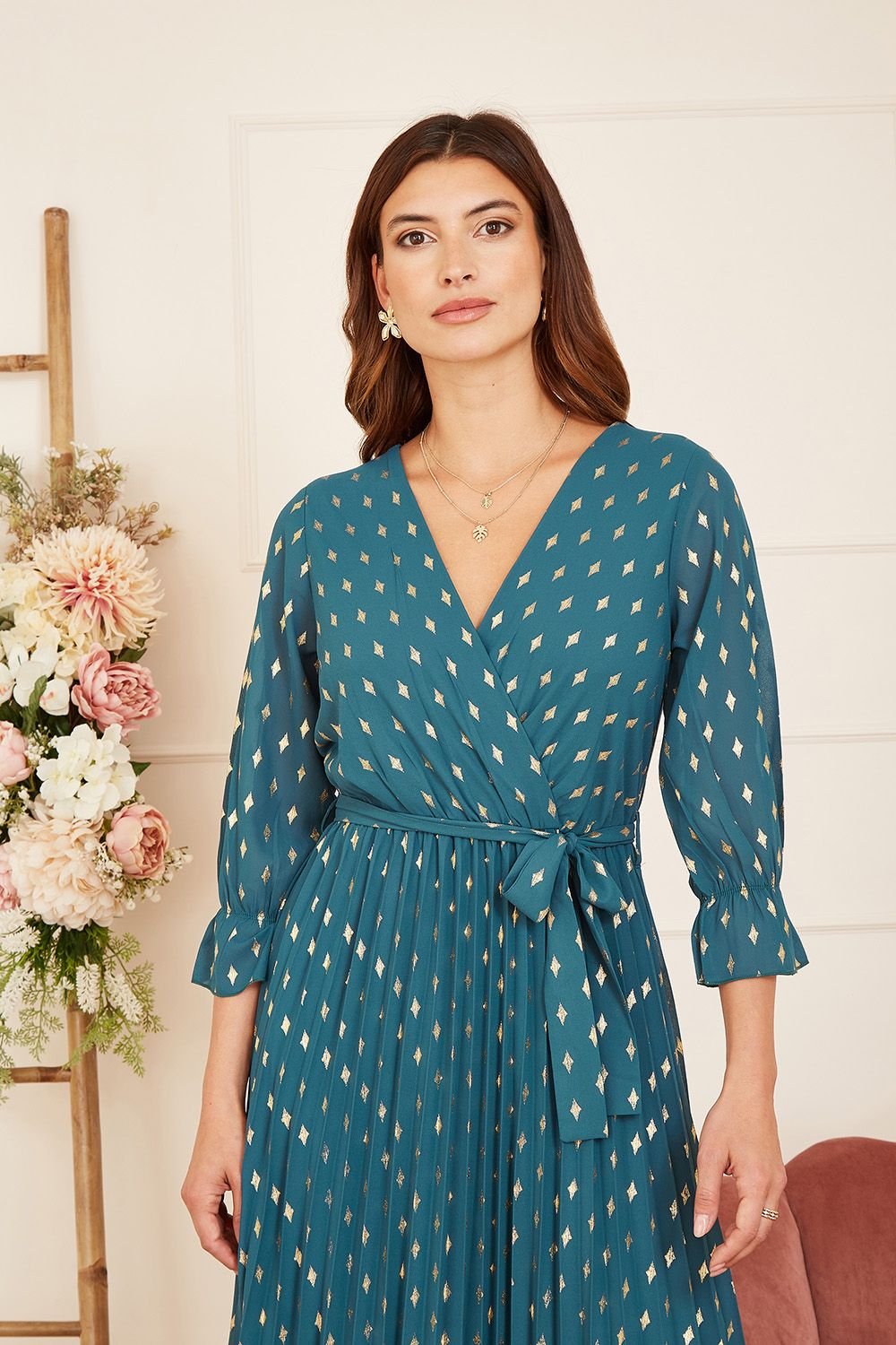 Yumi Yumi Women's Teal Foil Printed Pleated Wrap Midi Dress - 2