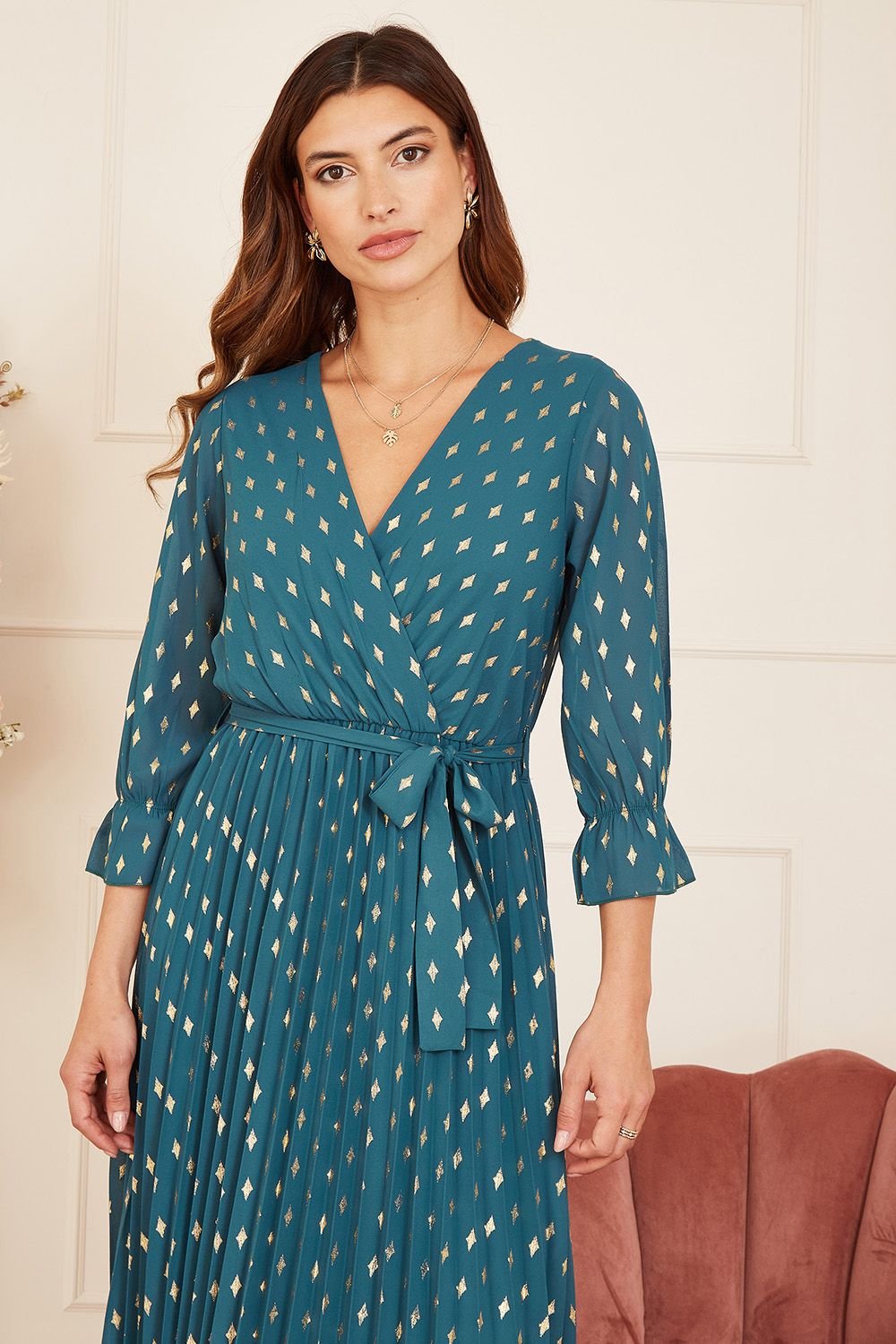 Yumi Yumi Women's Teal Foil Printed Pleated Wrap Midi Dress - 3
