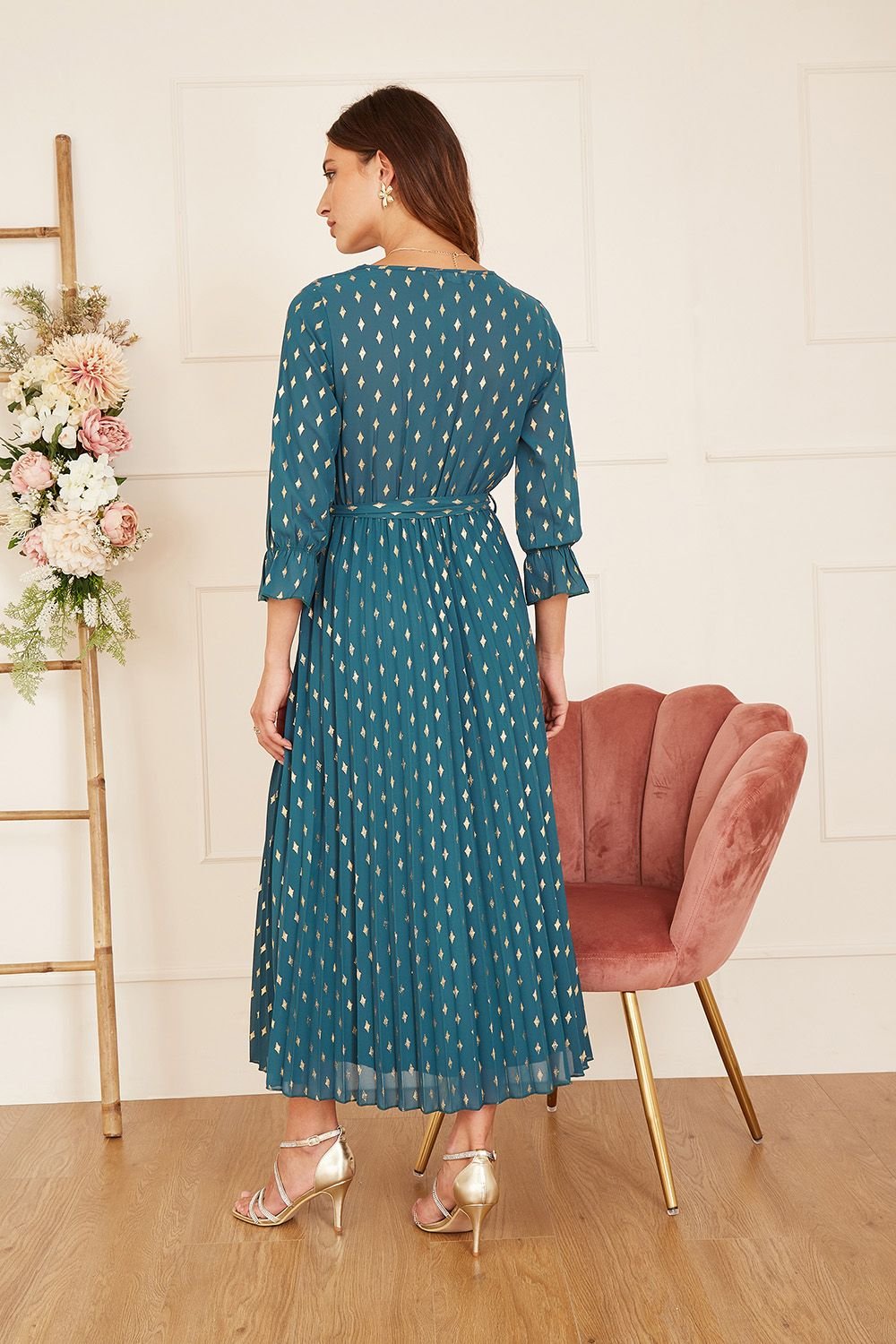 Yumi Yumi Women's Teal Foil Printed Pleated Wrap Midi Dress - 4