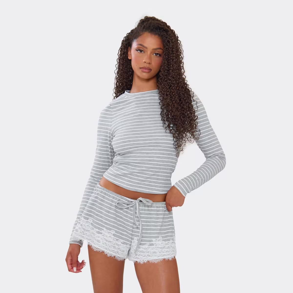 EGO Grey Striped Soft Jersey Long Sleeve Fitted Top
