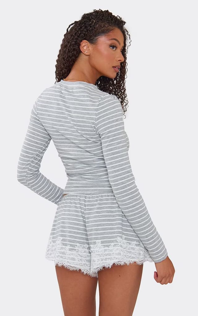 EGO Long Sleeve Fitted Top In Grey Striped Soft Jersey., Women's Size UK 6 - 2