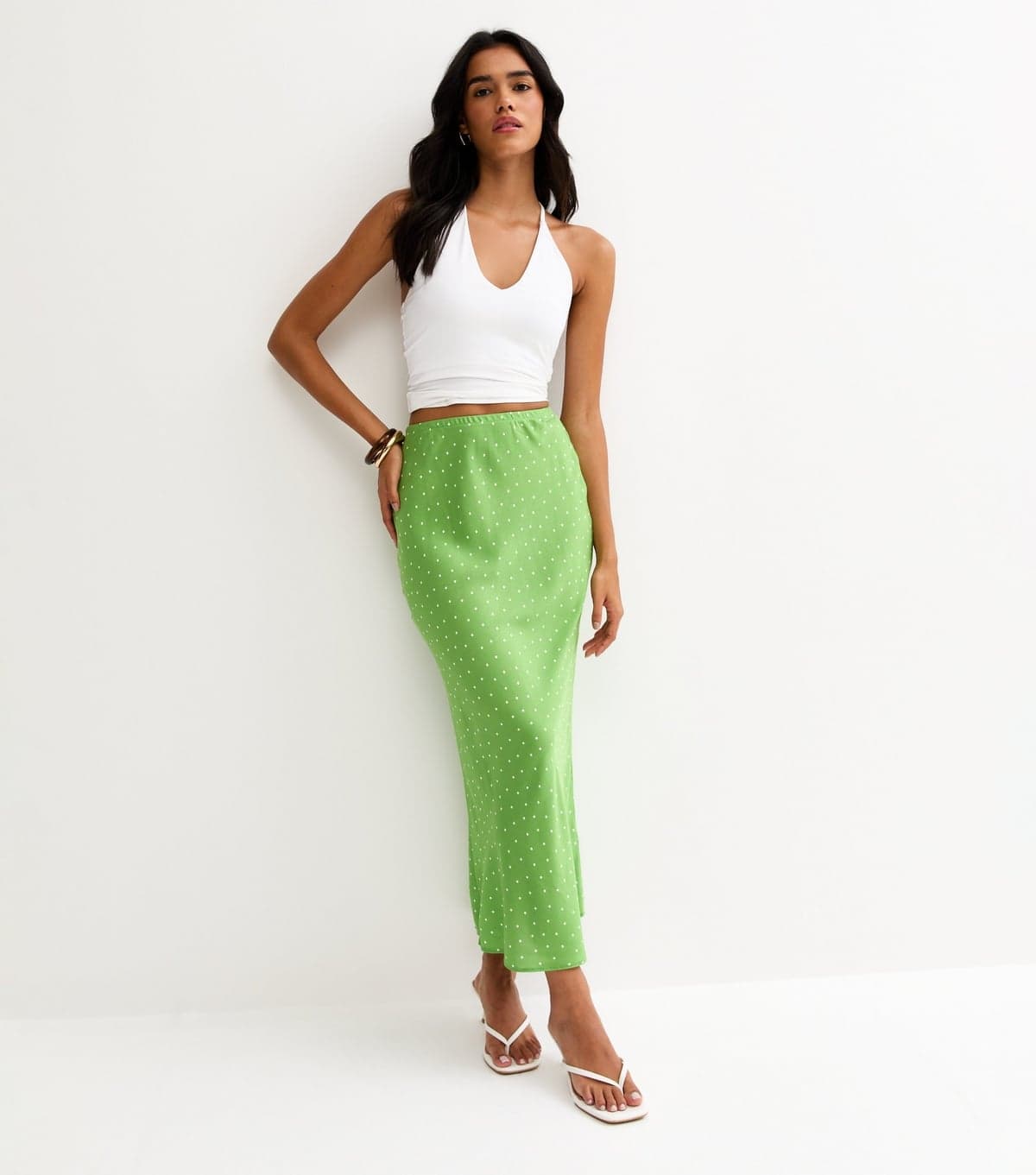 New Look Women's Green Spotty Bias Cut Midi Skirt New Look