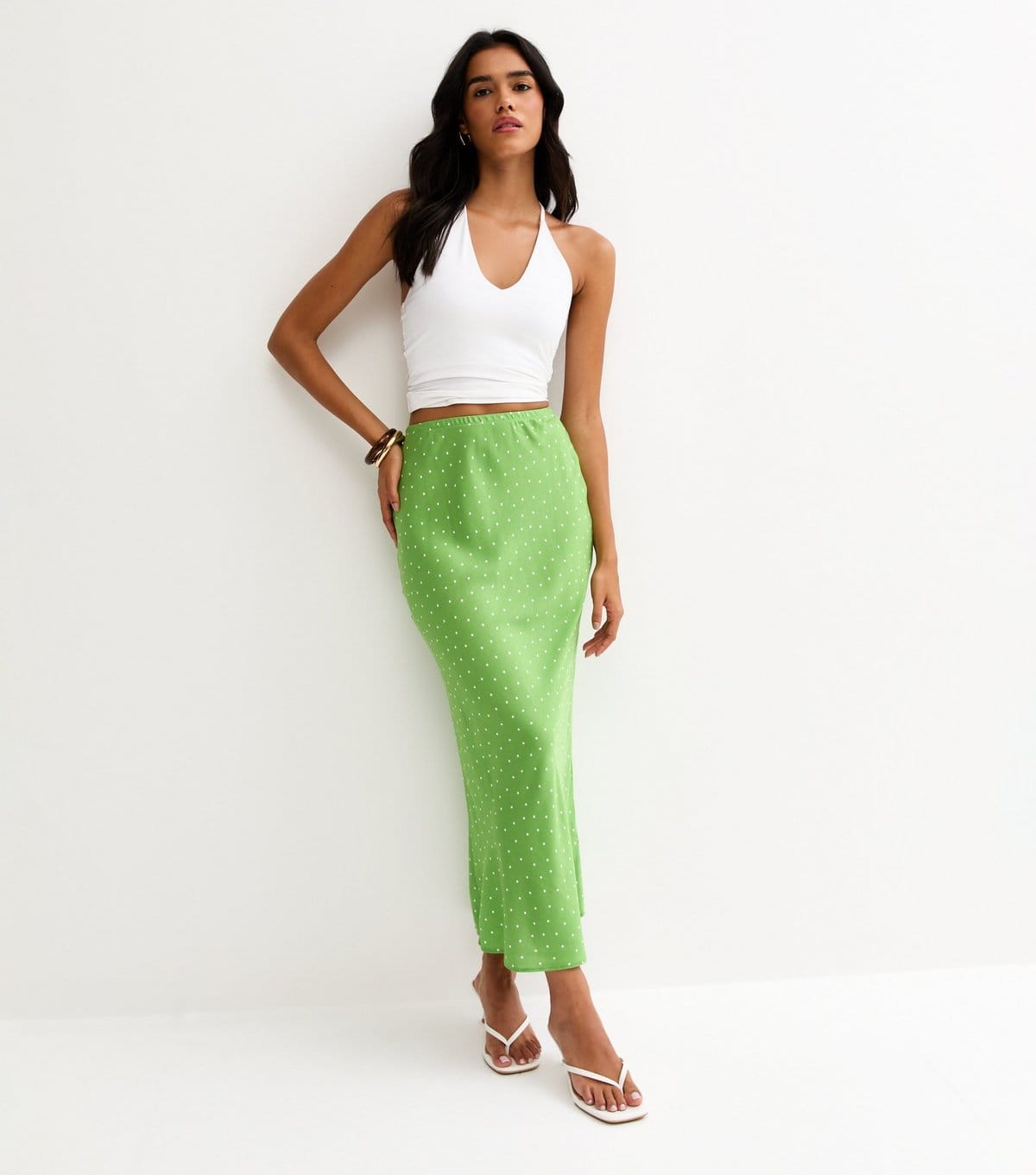 New Look Green Spotty Bias Cut Midi Skirt