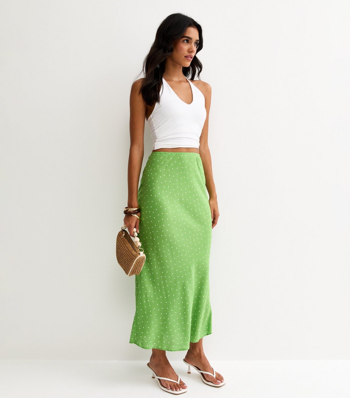 New Look Women's Green Spotty Bias Cut Midi Skirt New Look - 3