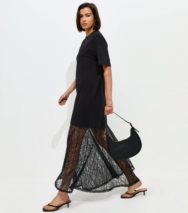 New Look Women's Black Lace Hem T-Shirt Midi Dress New Look - 2
