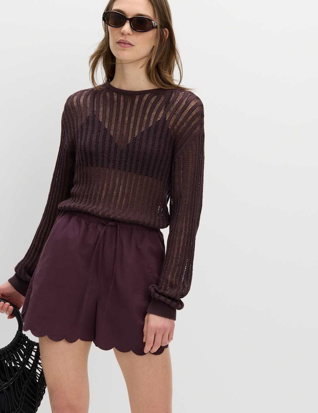 Marks & Spencer M&S Pure Cotton Scallop Hem Shorts Dark Aubergine - 1