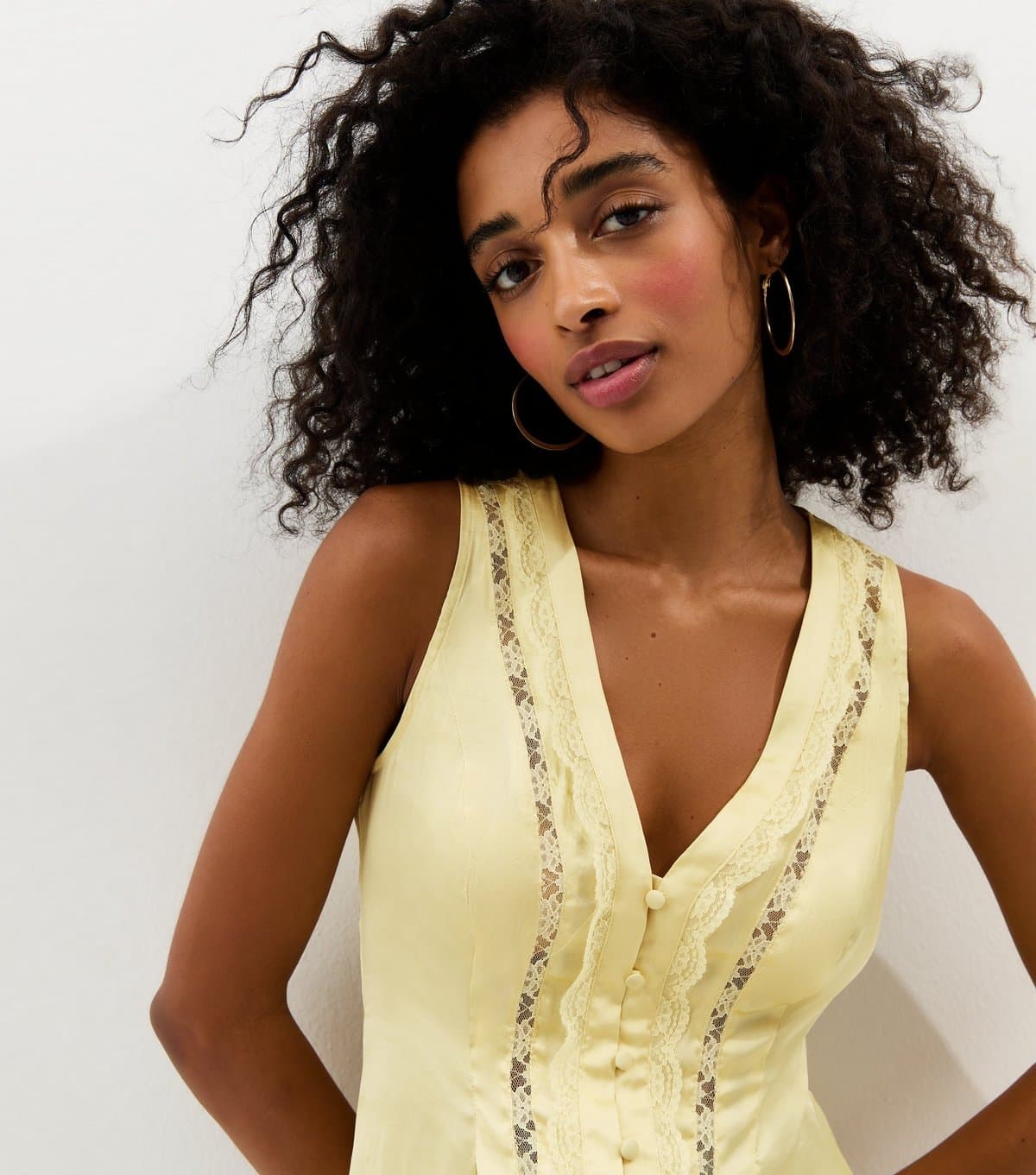 New Look Women's Yellow Satin Lace Trim Top New Look