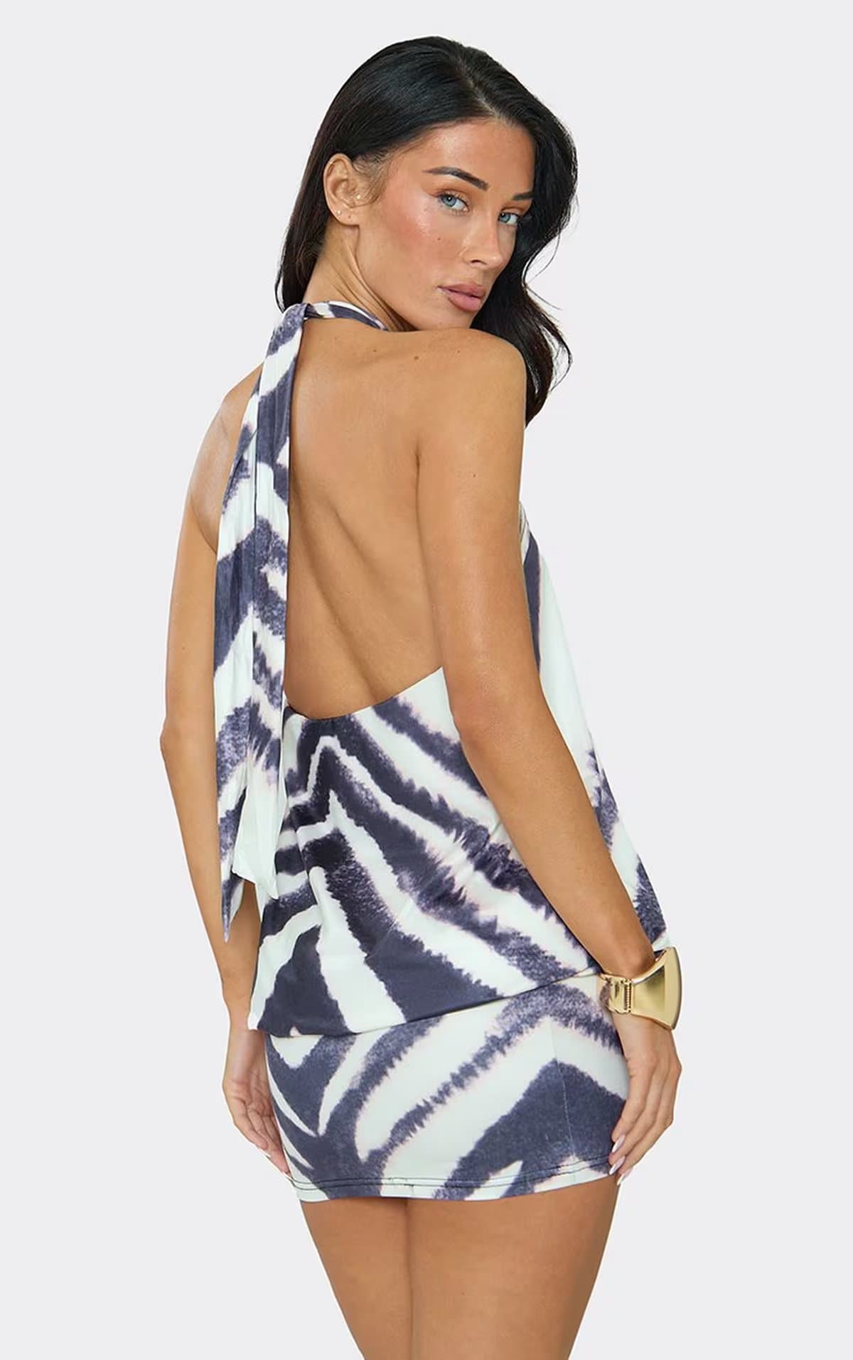 EGO Halterneck Trim Front Detail Blouson Mini Dress In Zebra Print., Women's Size UK S