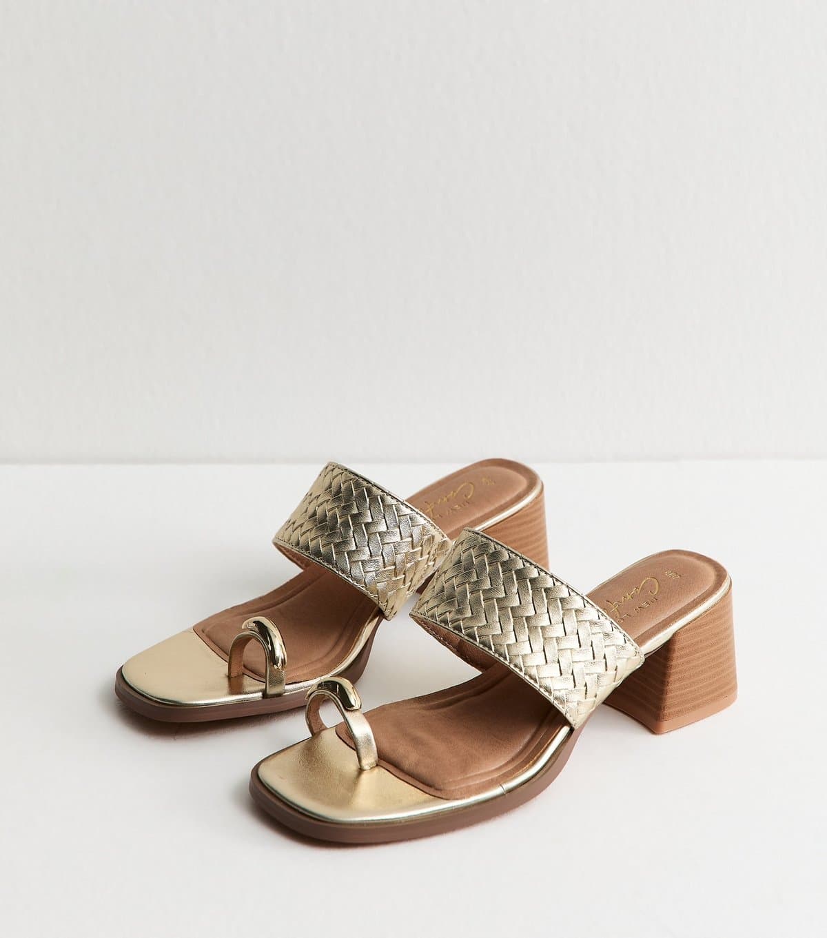 New Look Women's Gold Faux Leather Braided Strap Heeled Sandals Vegan New Look