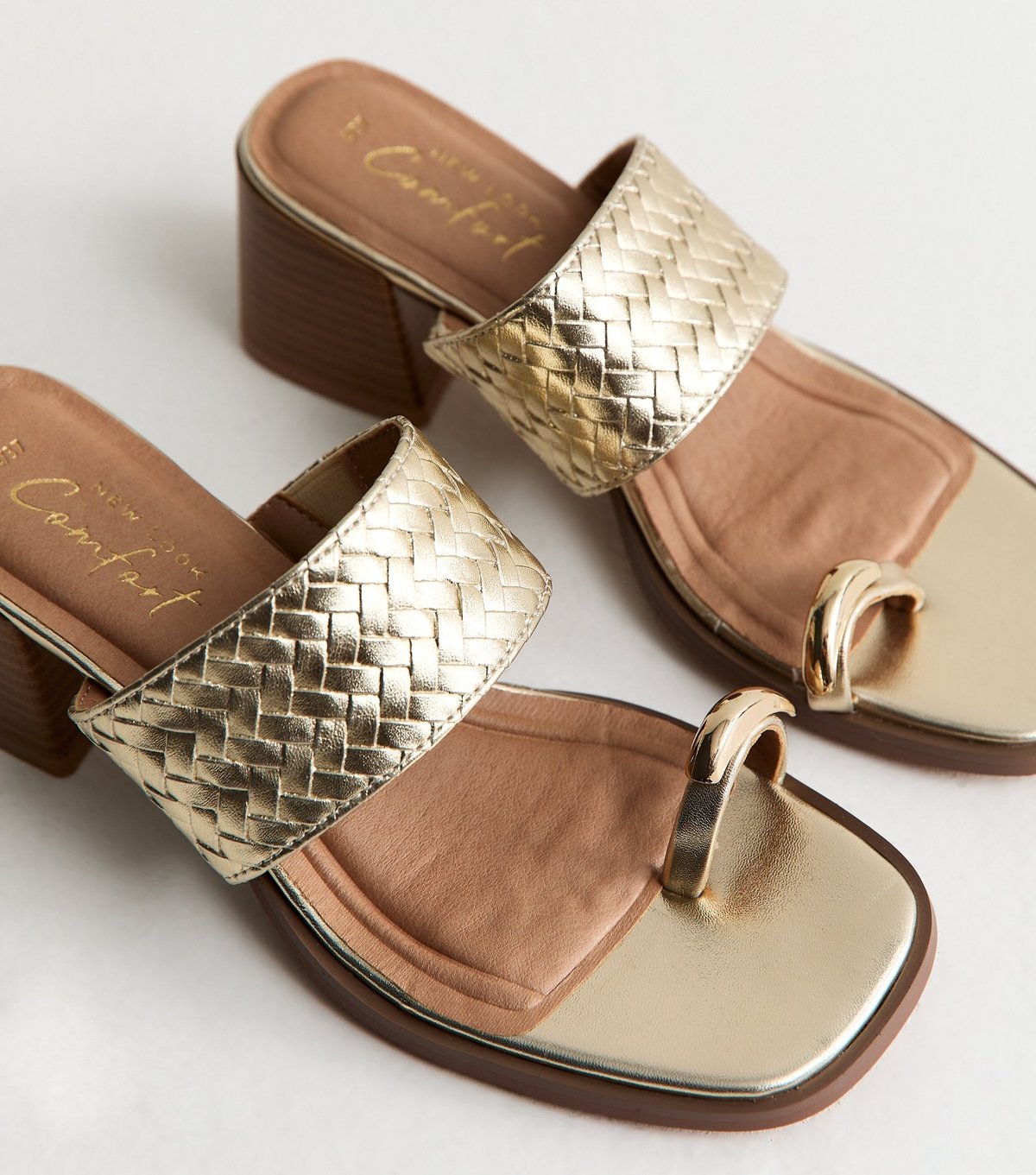 New Look Women's Gold Faux Leather Braided Strap Heeled Sandals Vegan New Look - 3