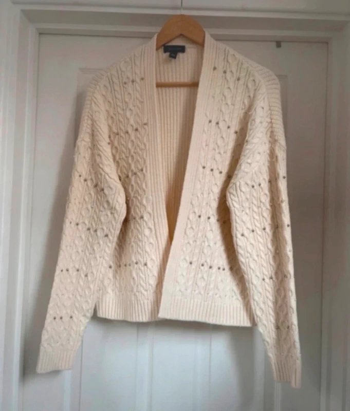 New Look Beautiful Women's New Look Cream Pearls Embellishment Knitted Edge to Edge Cardigan size L 16-18 - 1