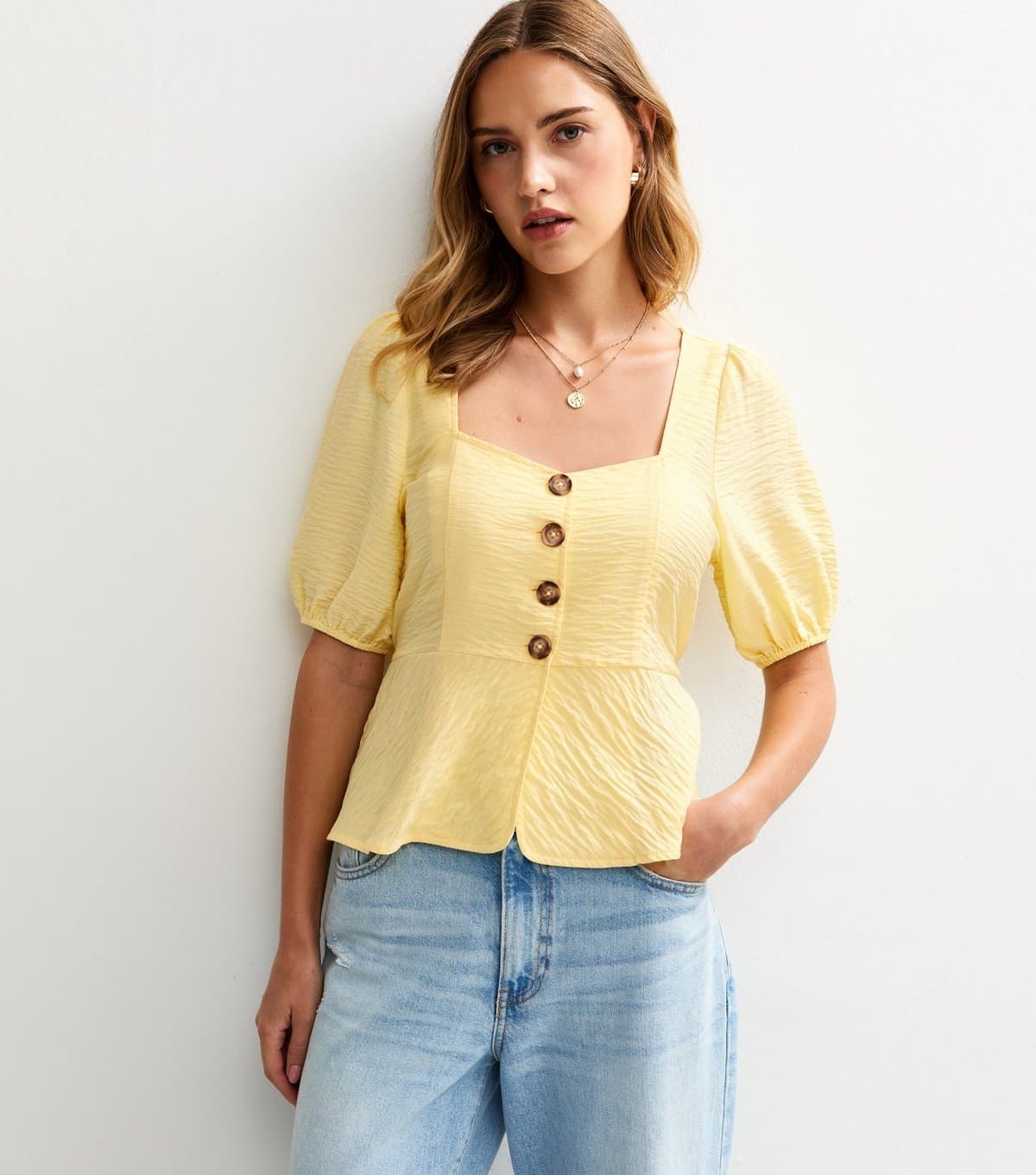 New Look Women's Yellow Textured Button Up Peplum Top New Look