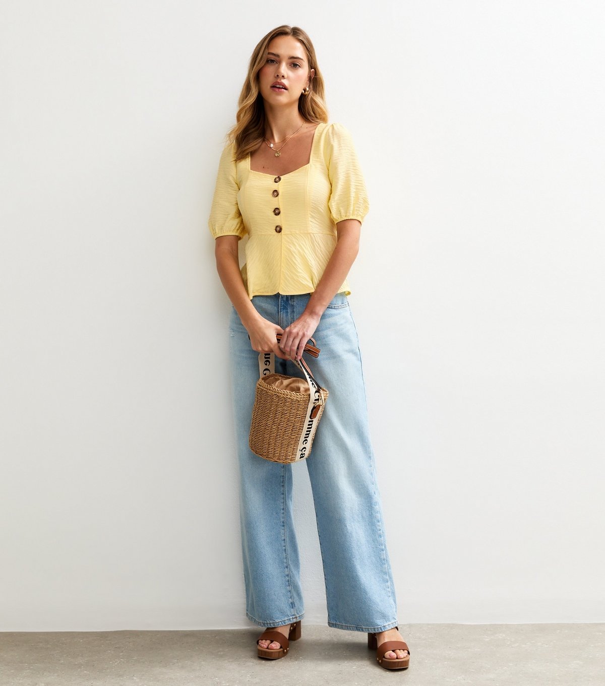 New Look Women's Yellow Textured Button Up Peplum Top New Look - 3