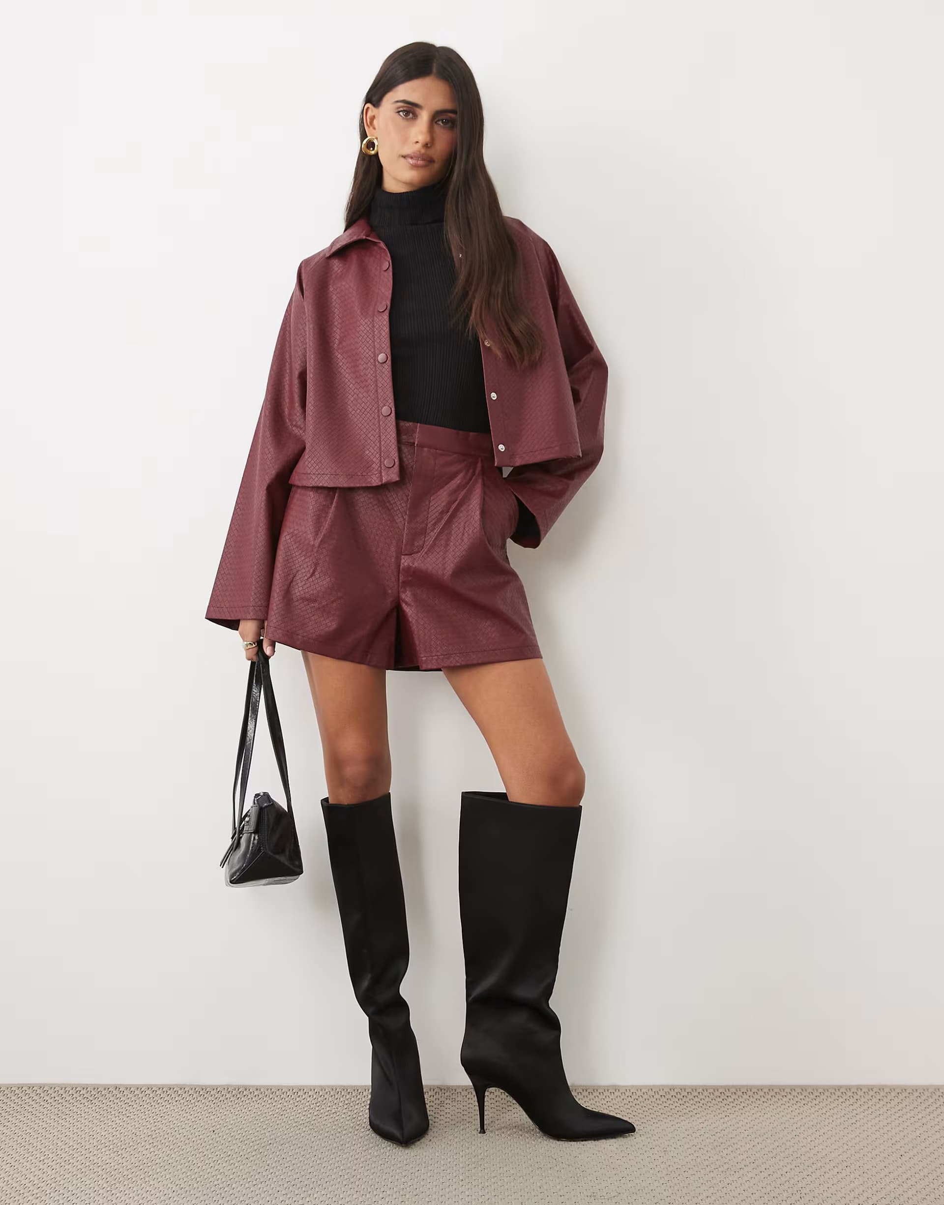 ASOS ASOS DESIGN basket weave leather look mini short in burgundy
