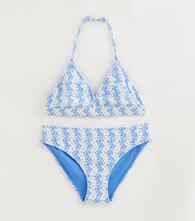 New Look Girls' Light Blue Floral Ribbed Triangle Bikini Top and Bottoms Set New Look - 2