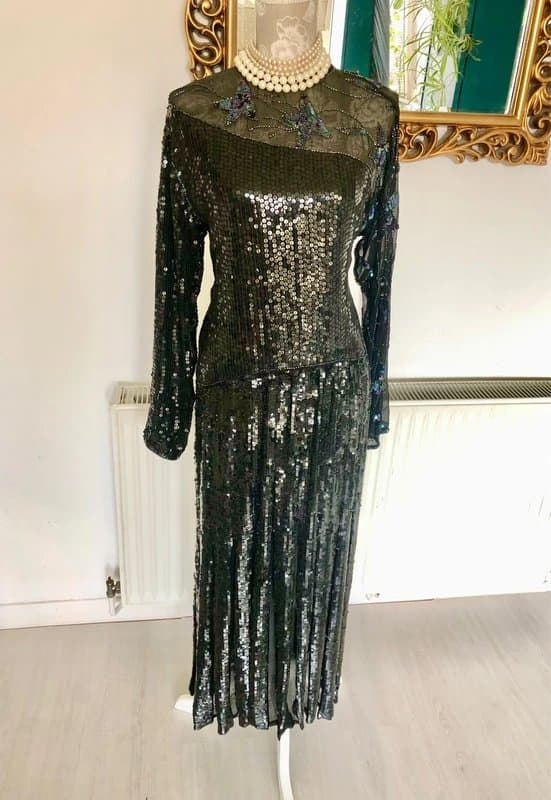 Frank Usher Vintage Frank Usher Y2K 100% Silk Black Beaded Sequin Midi Party Cocktail Evening Gown Dress