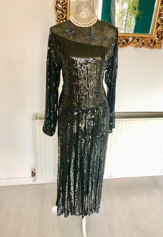 Frank Usher Black Silk Sequin Beaded Evening Gown