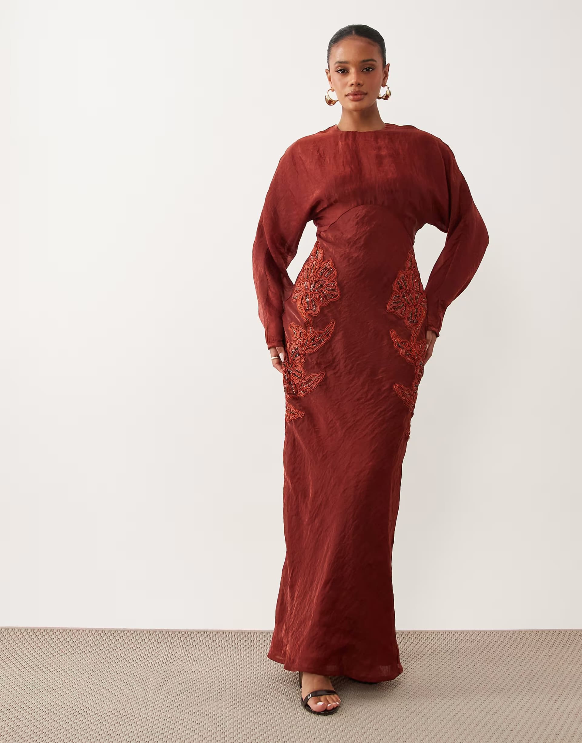 ASOS ASOS DESIGN crinkle satin embroidered long sleeve maxi dress in burgundy