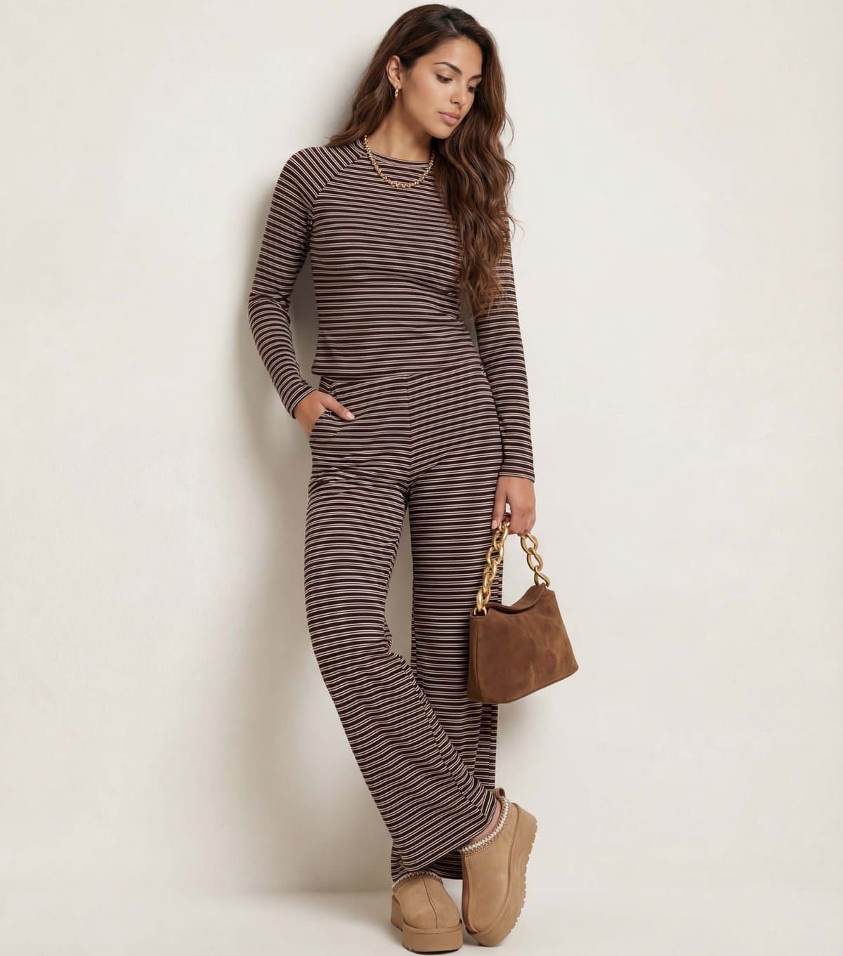 Urban Bliss Women's Brown Striped Jersey Wide Leg Trousers Urban Bliss New Look