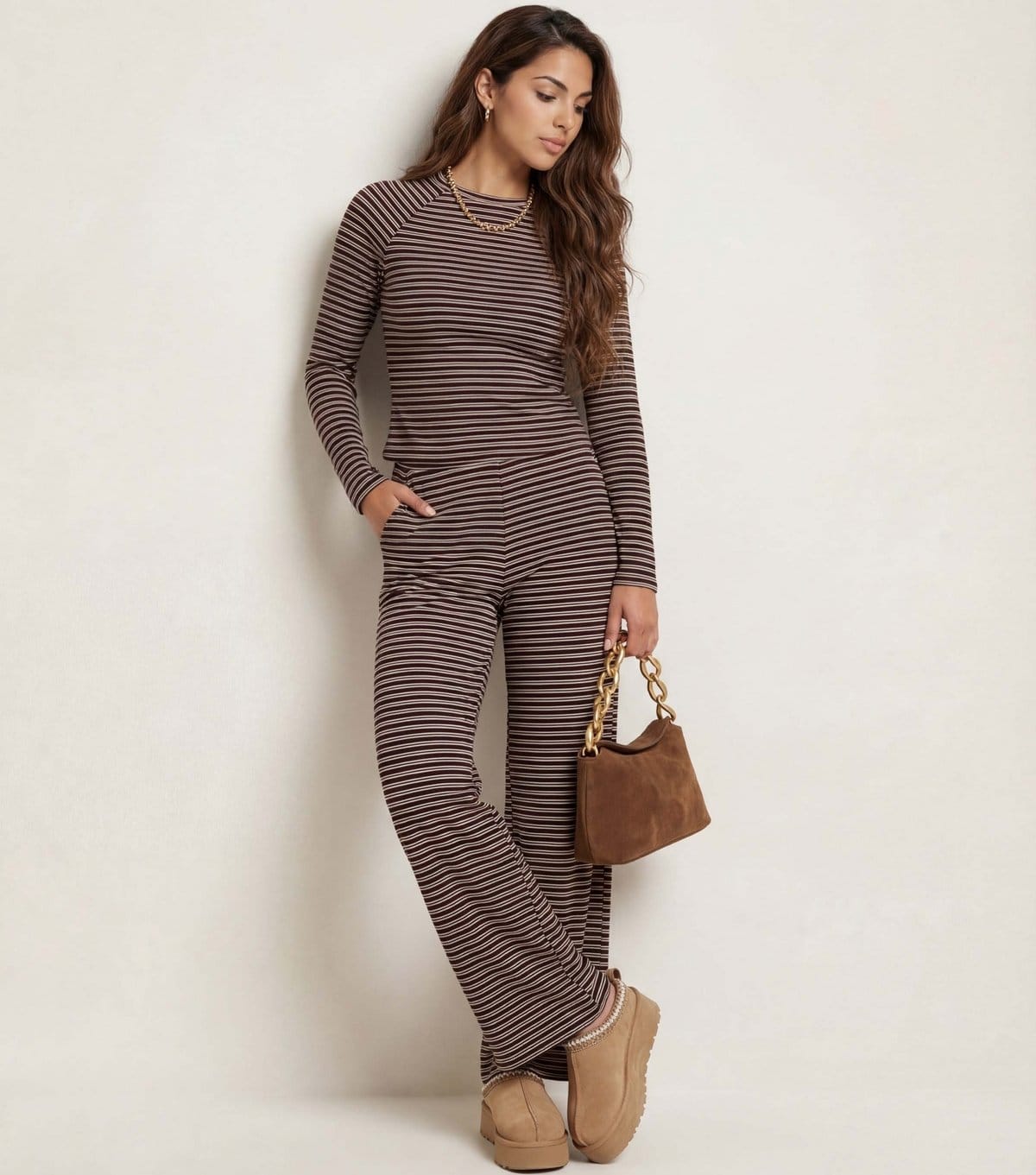 Urban Bliss Women's Brown Striped Jersey Wide Leg Trousers Urban Bliss New Look - 1